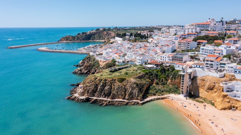 Aerial view of beach and city proper, Albufeira