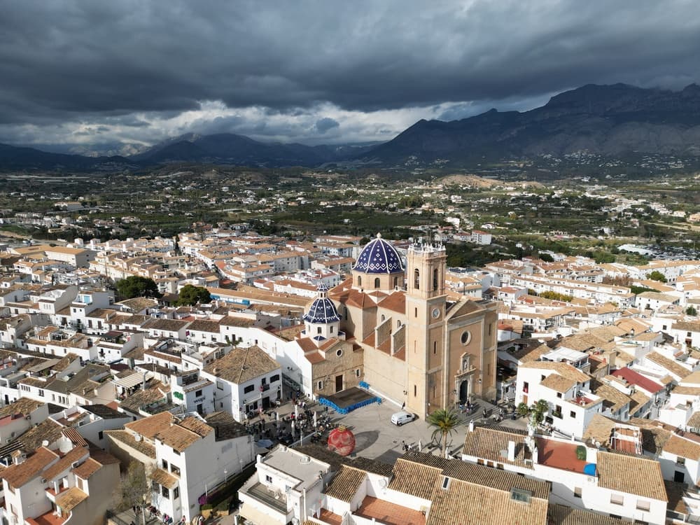 Aerial view of the town with cathedral centered in image, Altea