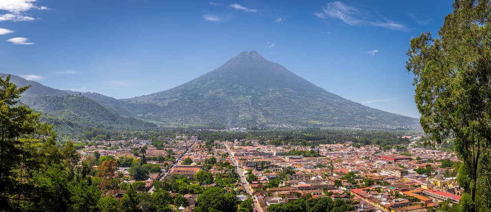 Panoramic view of city with Agua volcano, Antigua Guatemala