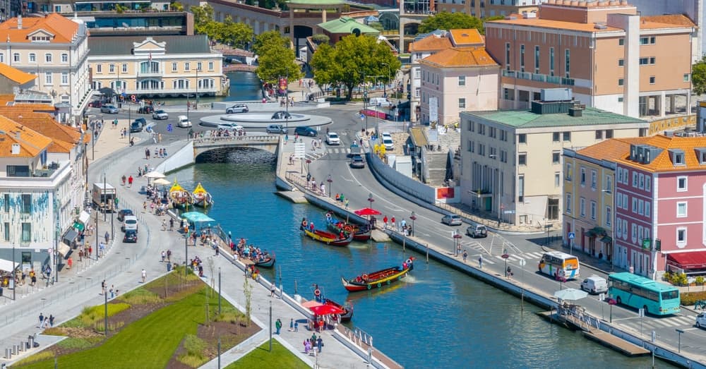 Aerial view of the canal and gondolas, Aveiro