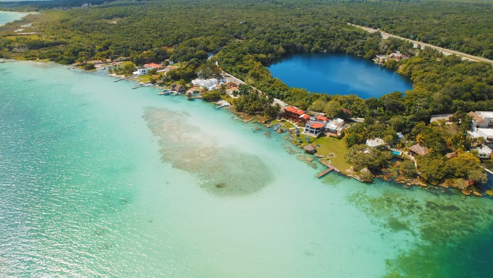 Aerial view of the lagoon and beachfront, Bacalar