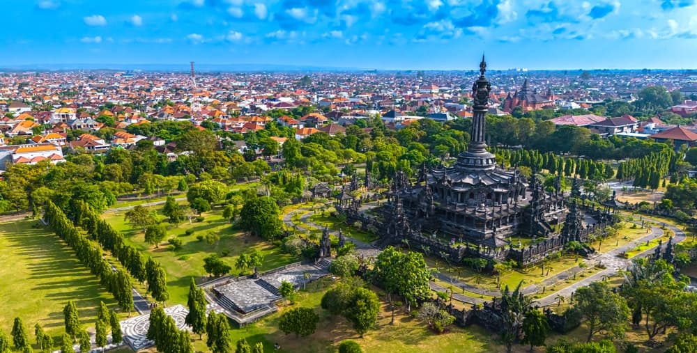 Bajra Sandhi Monument with city in the distance, Bali