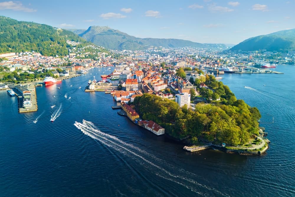Aerial view of the city spreading from peninsula, Bergen