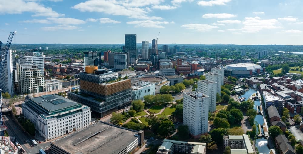 UK aerial view of the skyline and Brum library, Birmingham