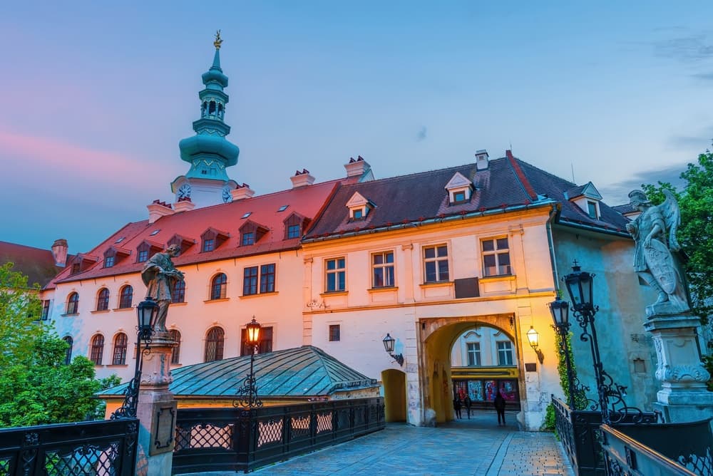 Cityscape image lit at twilight, Bratislava