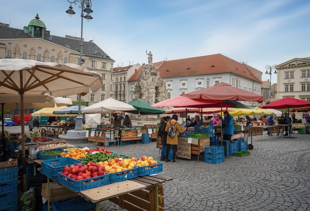 Colorful call produce market outdoors waits for customers, Brno