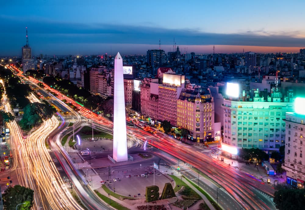 Aerial view of busy thoroughfare at night, Buenos Aires