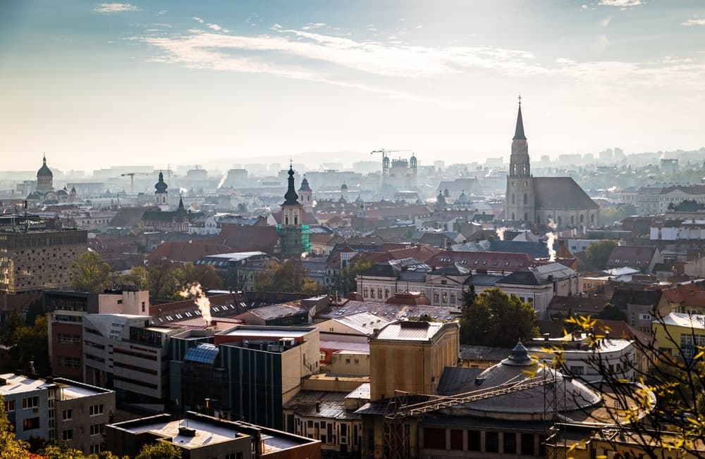 Autumn morning lights the cityscape at roof level, Cluj-Napoca