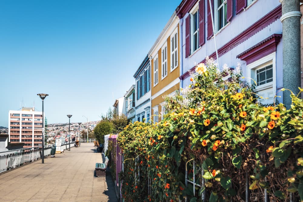 Colorful residential street overlooks the waterline, Concepción