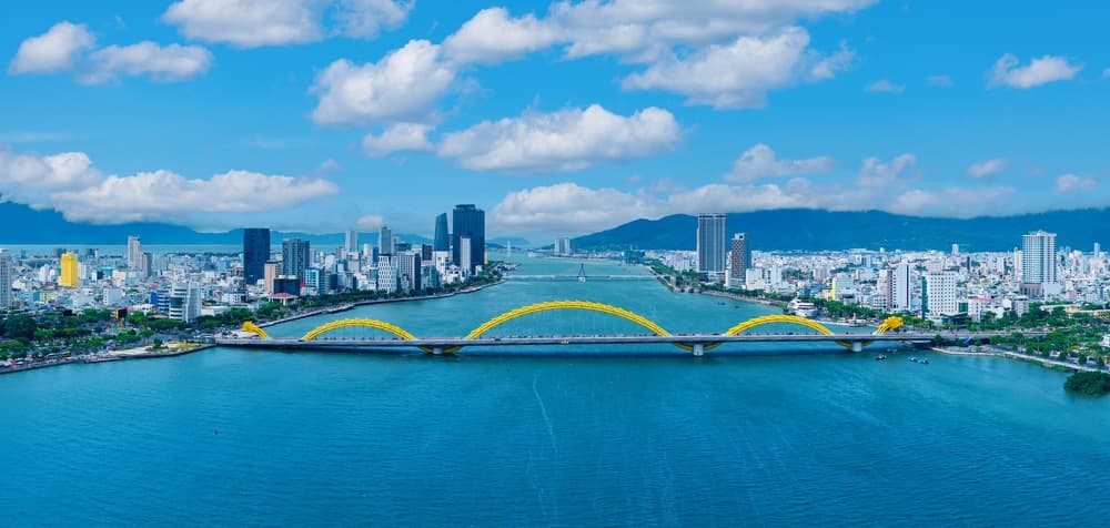 Drgon bridge crosses river gap between city halves, Da Nang