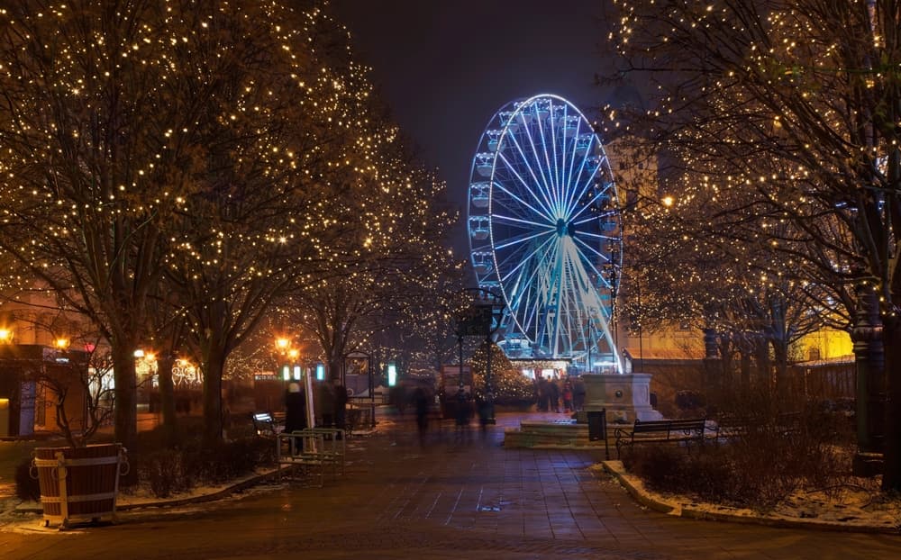Giant Ferris wheel lit for the holiday season, Debrecen