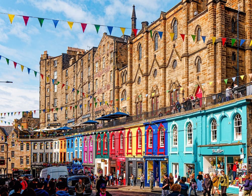 UK brightly decorated Scottish housing in Scotland, Edinburgh