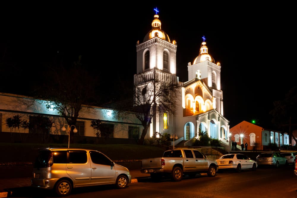 Cathedral lit at night, Encarnación