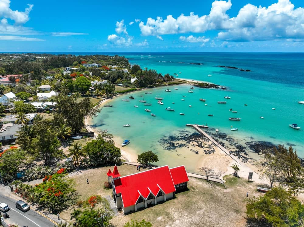 Aerial view from above the bright red roof, Grand Baie