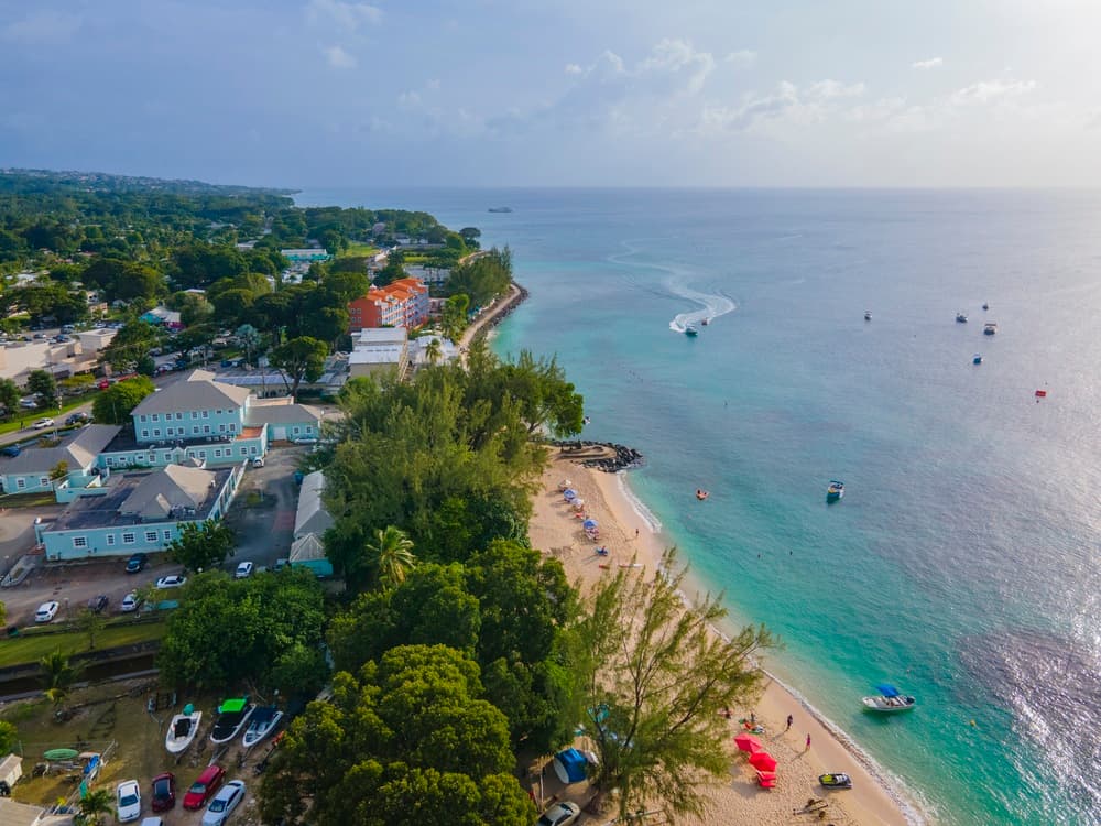Aerial view of beach and edge of town, Holetown
