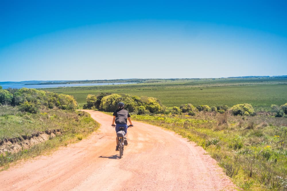 Man rides bicycle down dirt road by grassy field, Interior