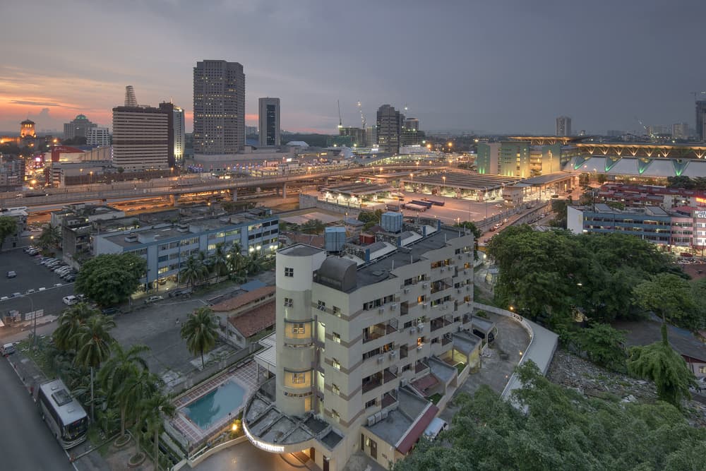 Drone footage of the city center at late dusk, Johor Bahru