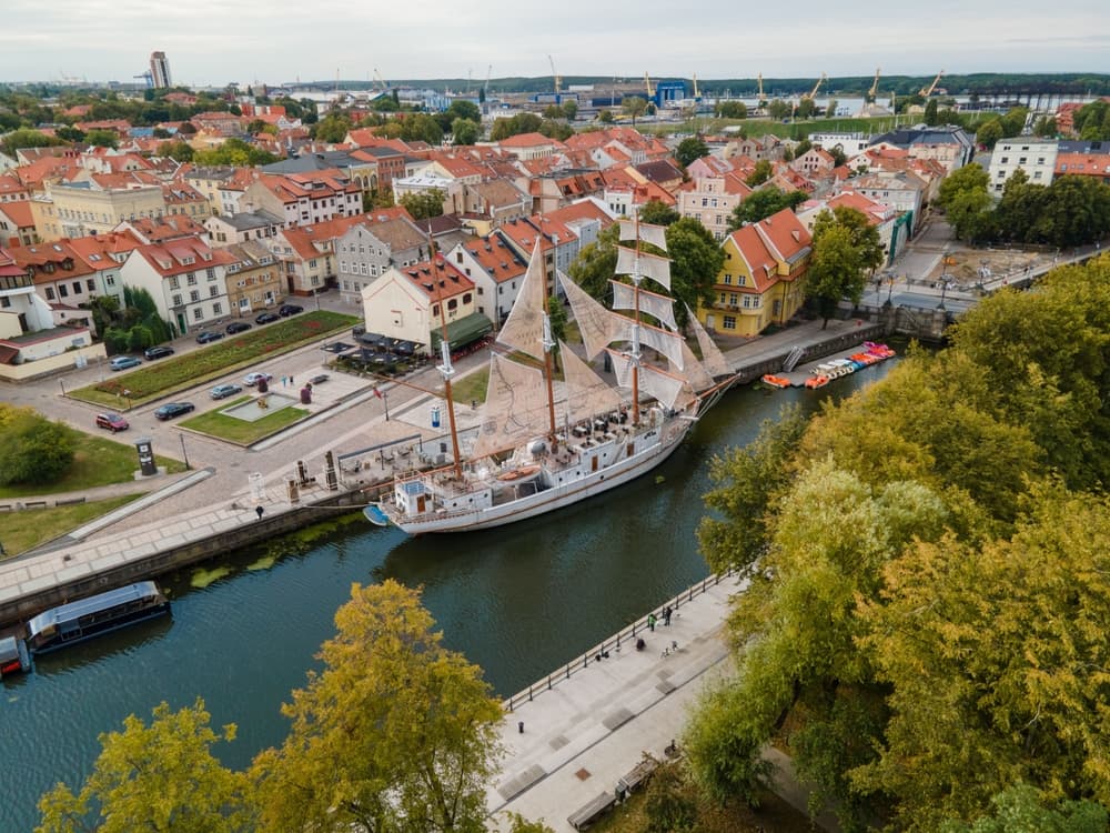 Aerial view of cityscape with 3 masted schooner, Klaipėda
