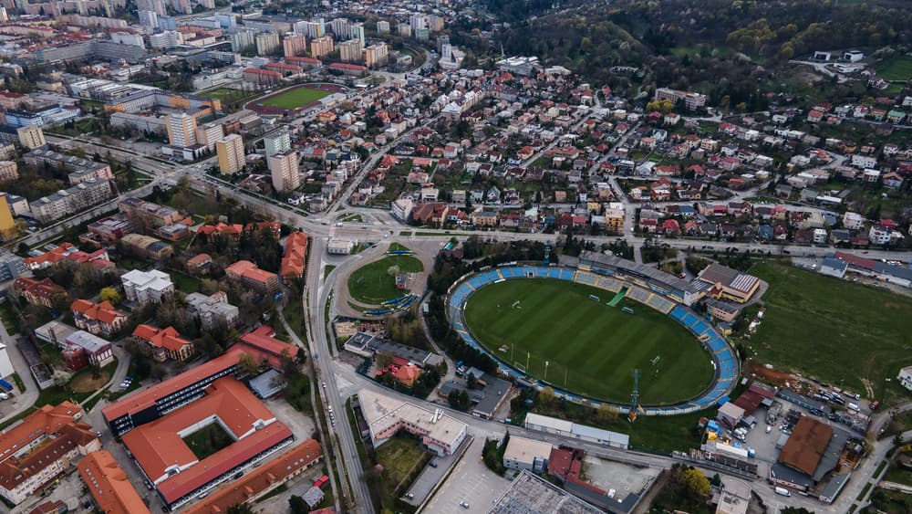 Aerial view of the stadium and surrounding neighborhoods, Košice