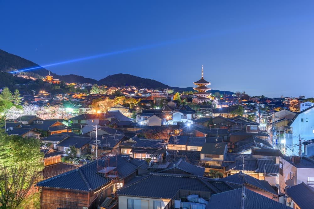 City lit up at night from rooftop level, Kyoto