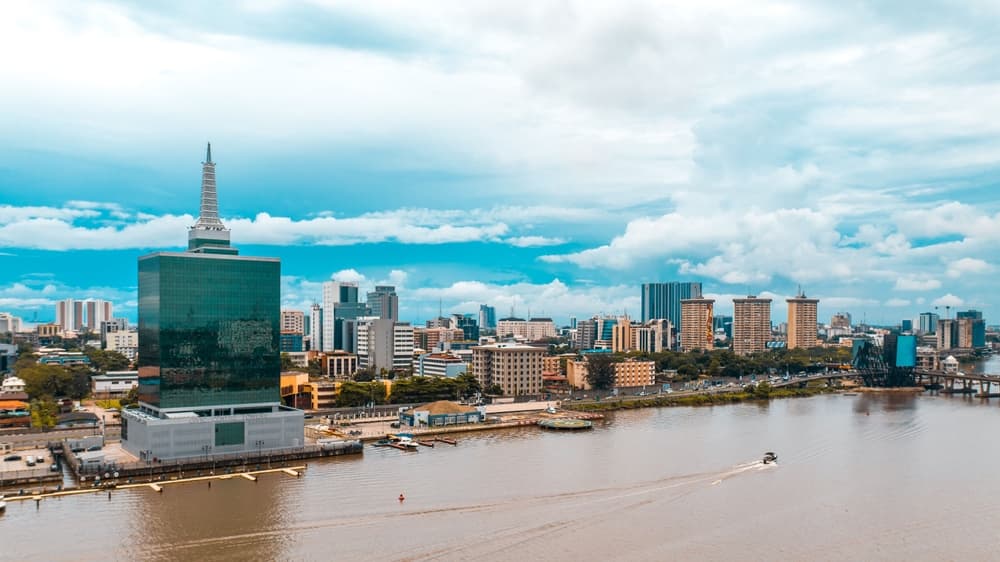 Aerial view of Ozumba Mbadiwe waterside buildings in town, Lagos