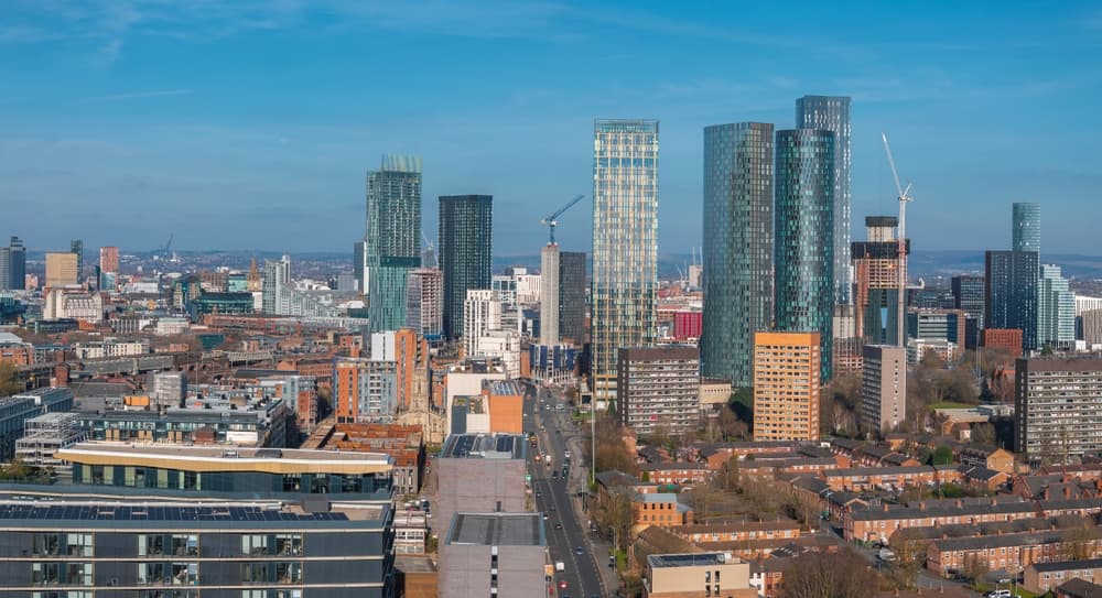 UK aerial view of the city skyline, Manchester