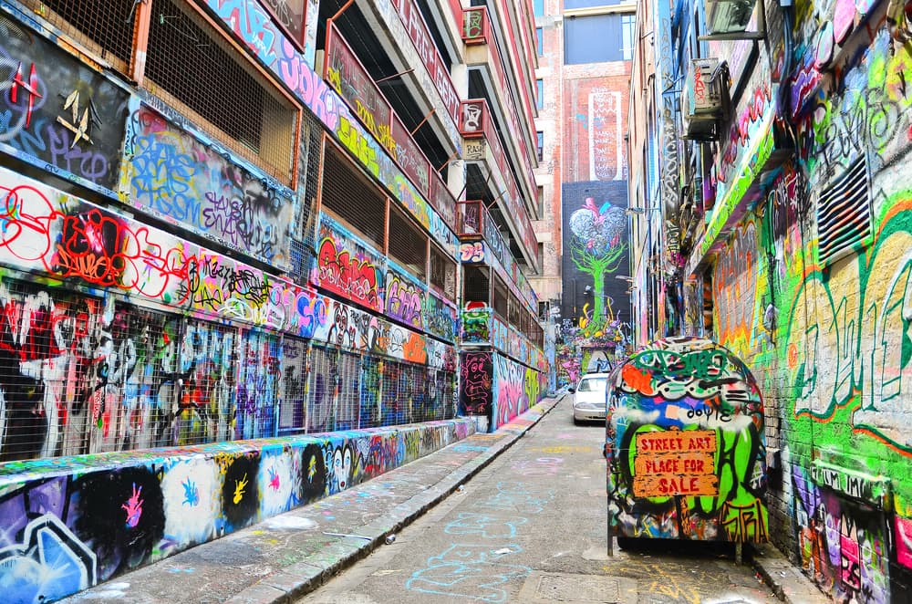 Bright graffiti decorates downtown district, Melbourne