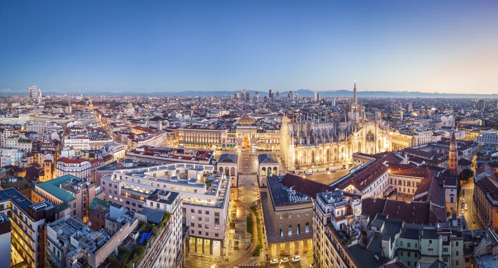 Aerial view of skyline at dawn, Milan