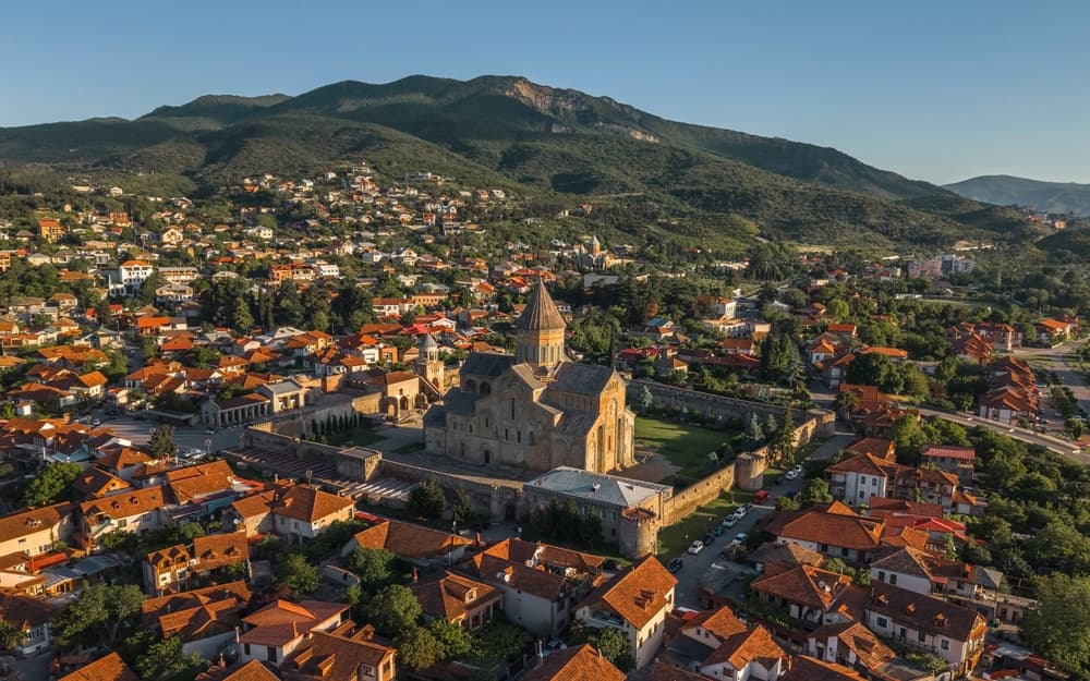 Aerial view of the city with medieval cathedral, Mtskheta