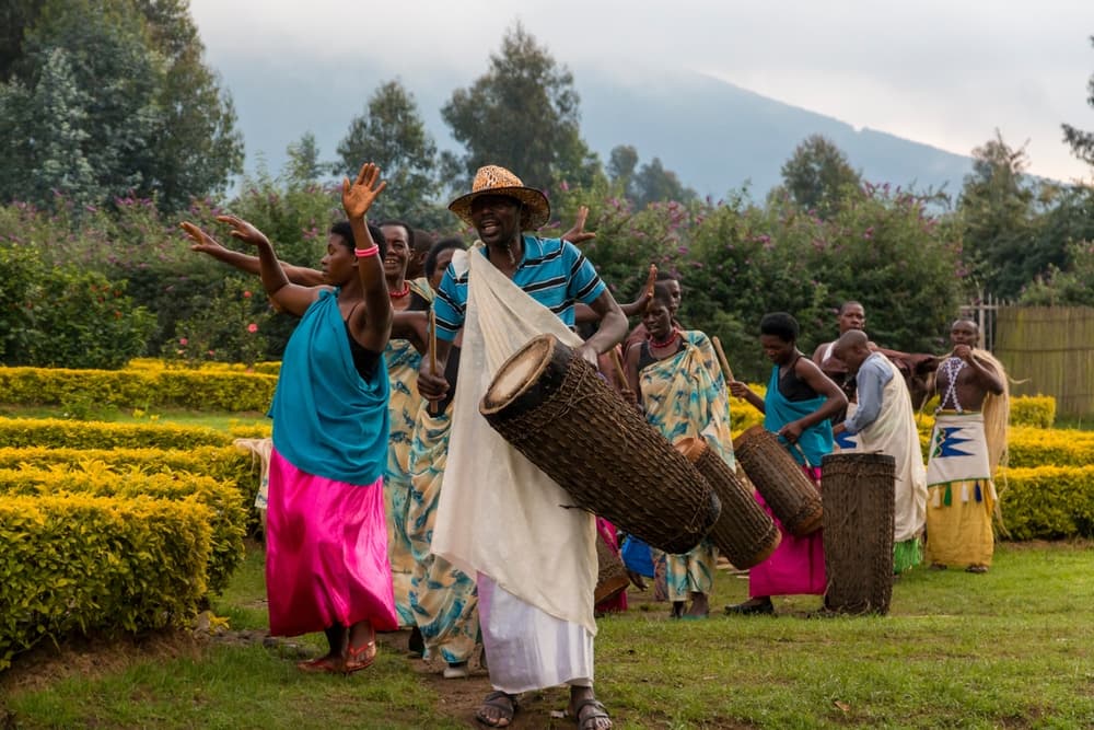 Local dance and drum troupe greets visitors, Musanze