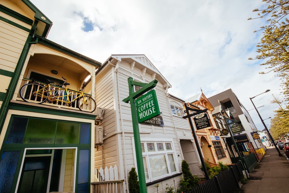 Art deco neighborhood with coffee house, Napier