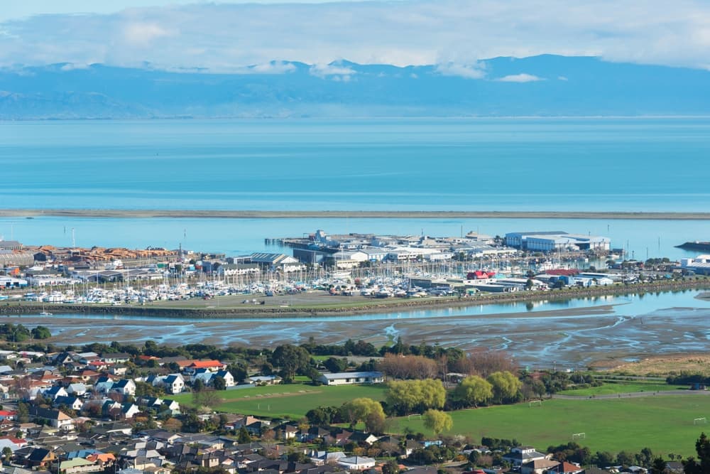 Aerial view of the town and coastline, Nelson