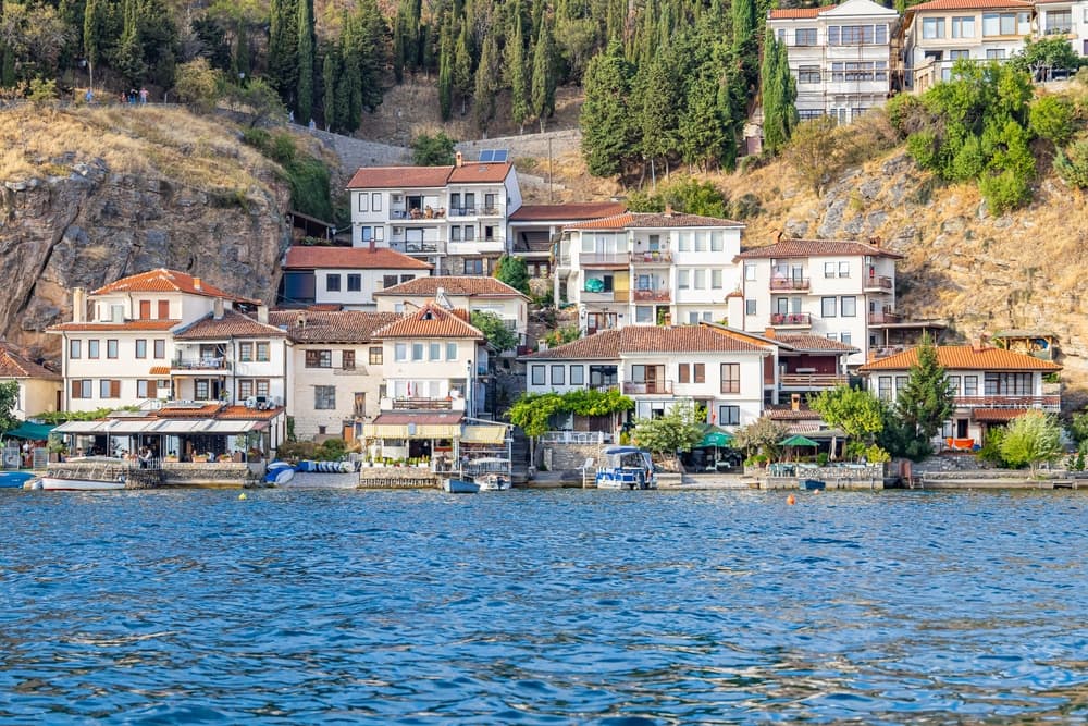 Historic homes along hill above beach, Ohrid