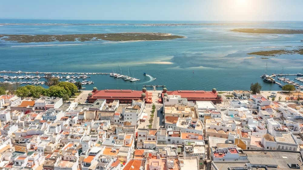 Aerial view of the fishing town and bay, Olhão