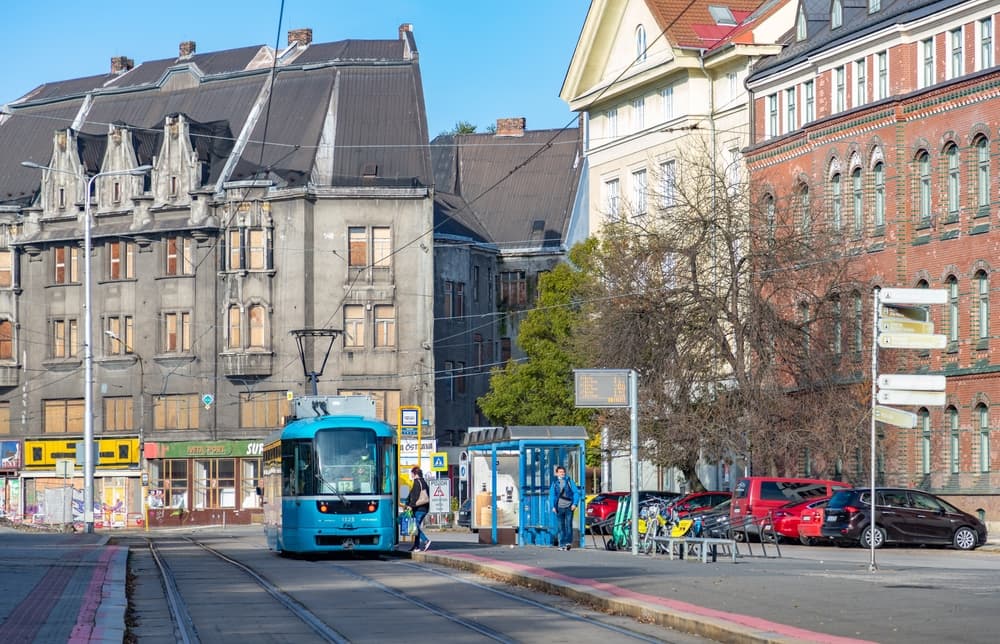 Bus picks up new passengers on the street, Ostrava