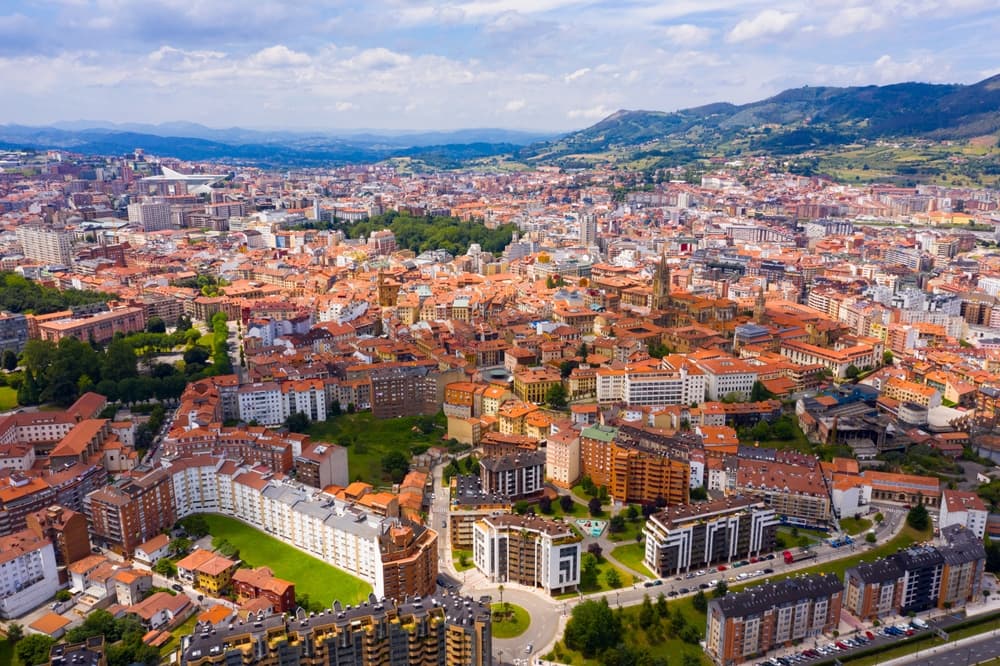 Aerial view of the city with red Spanish tile, Oviedo