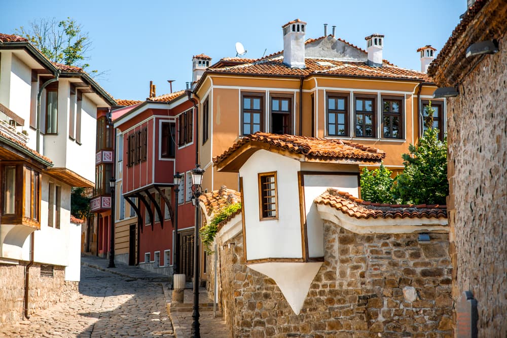 Local residential street tightly packed with homes, Plovdiv