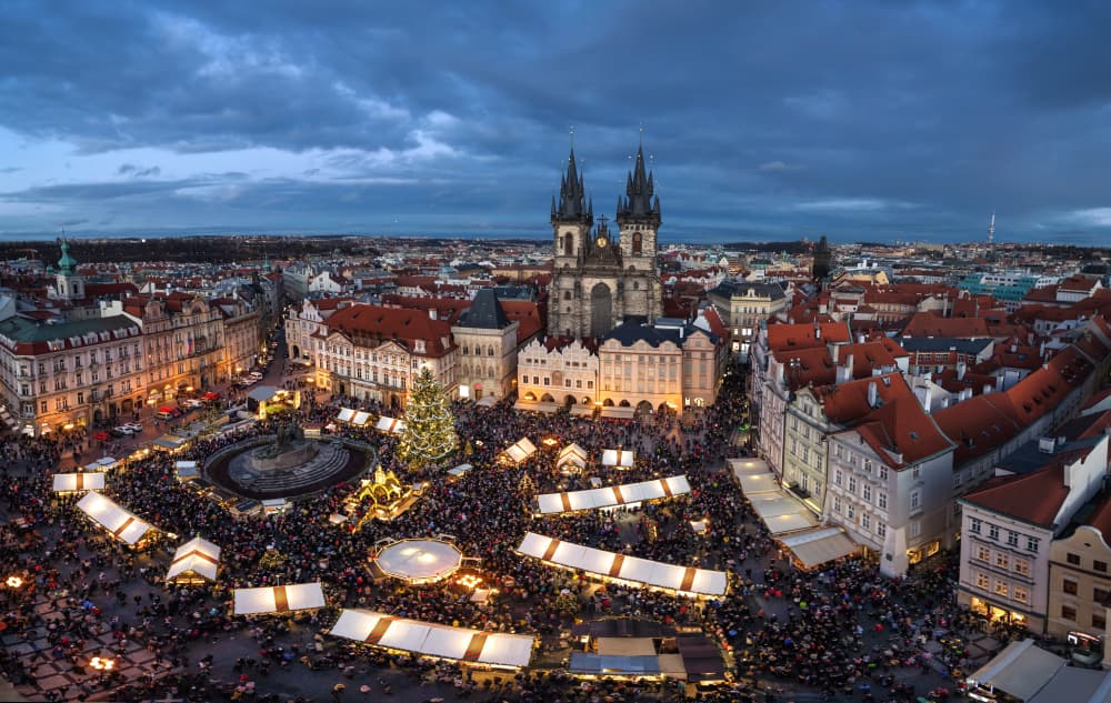 High view of crowded Christmas market, Prague