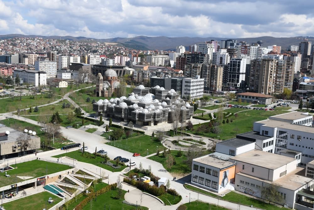 Aerial view of the cityscape to horizon, Pristina