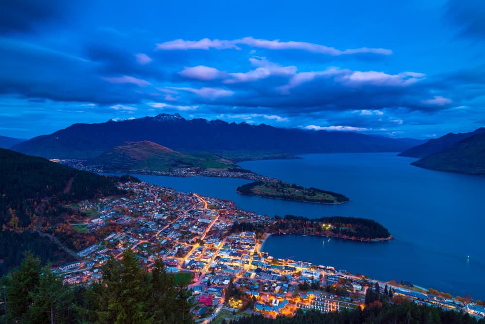 Aerial view of the city at twilight, Queenstown