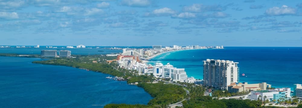 Aerial view of the peninsula and resorts, Riviera Maya