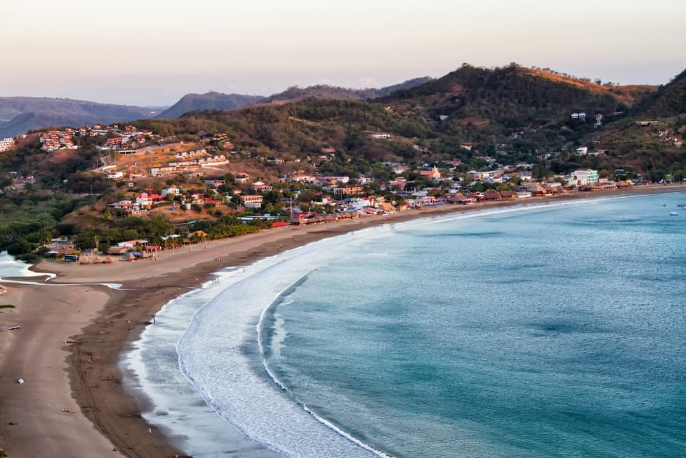 Drone shot of the town along the shoreline, San Juan del Sur