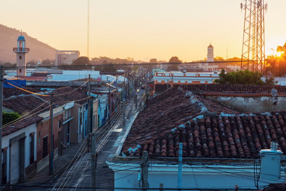 City at sunset above Spanish tile roofs, Santa Ana