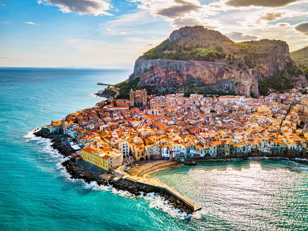 Aerial view of old town Cefalu on the island, Sicily