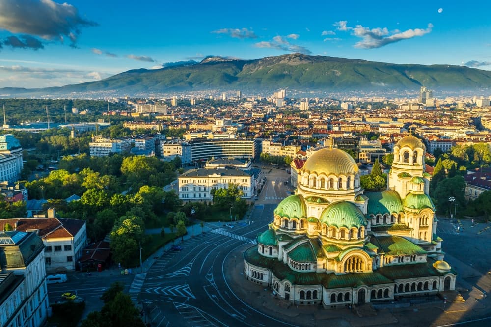 City skyline shown off from drone vantage point, Sofia