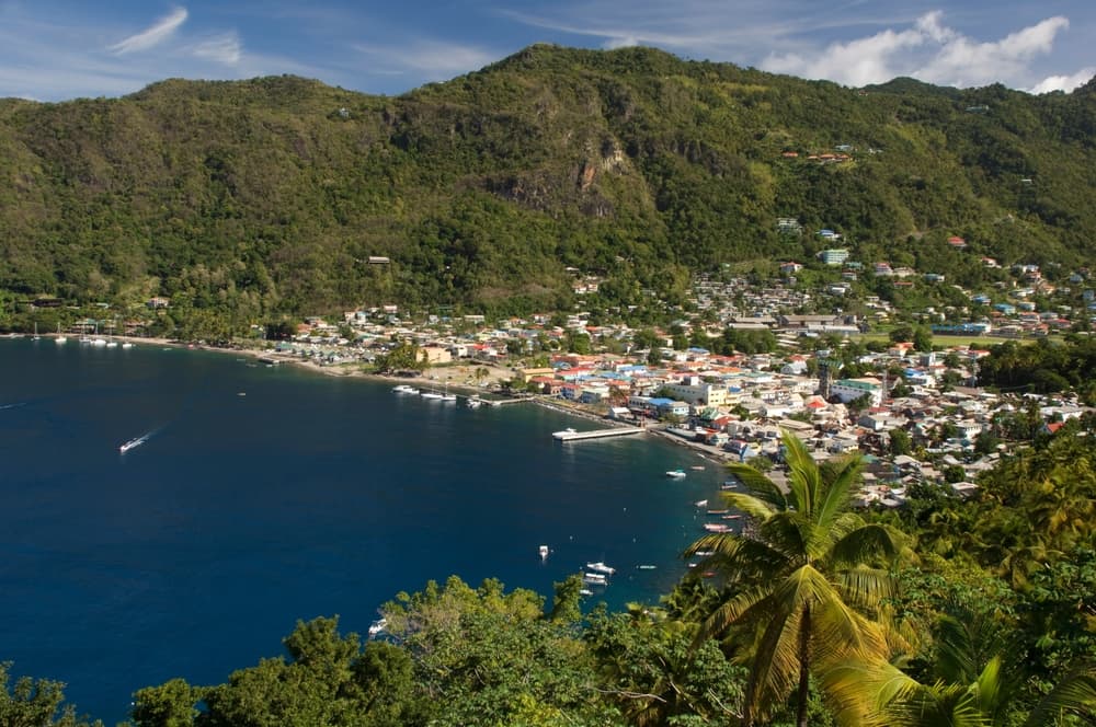 Aerial view of the town and harbor, Soufrière