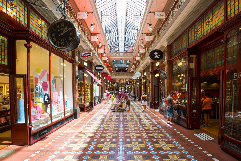 Bright shopping center waits for first customers of the day, Sydney