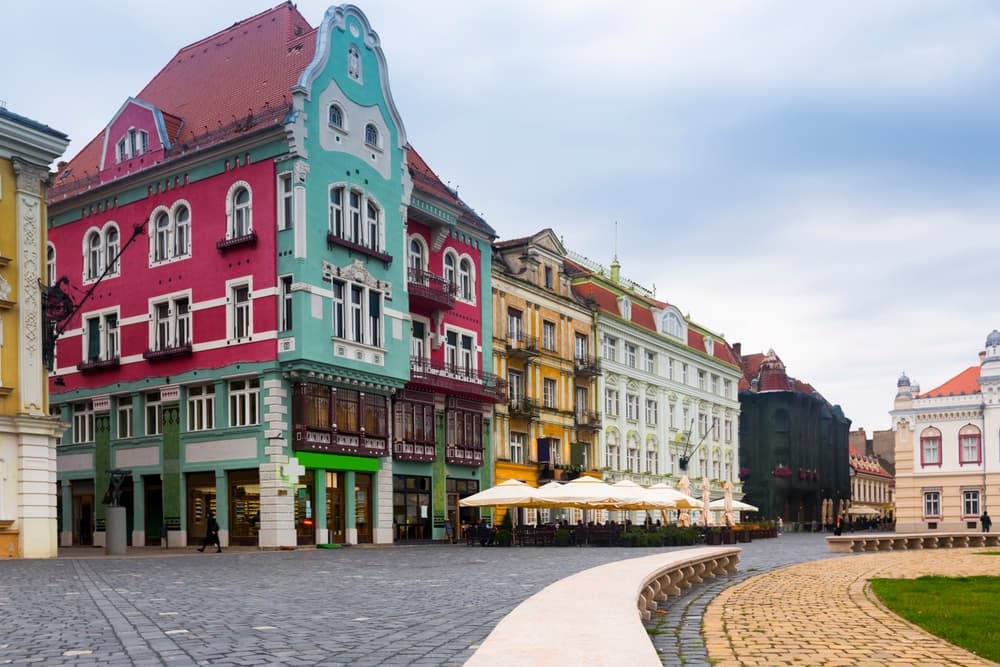Boldly colored architecture in city center, Timișoara