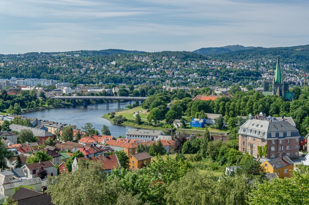 Aerial view of the cityscape emphasizing foliage throughout, Trondheim