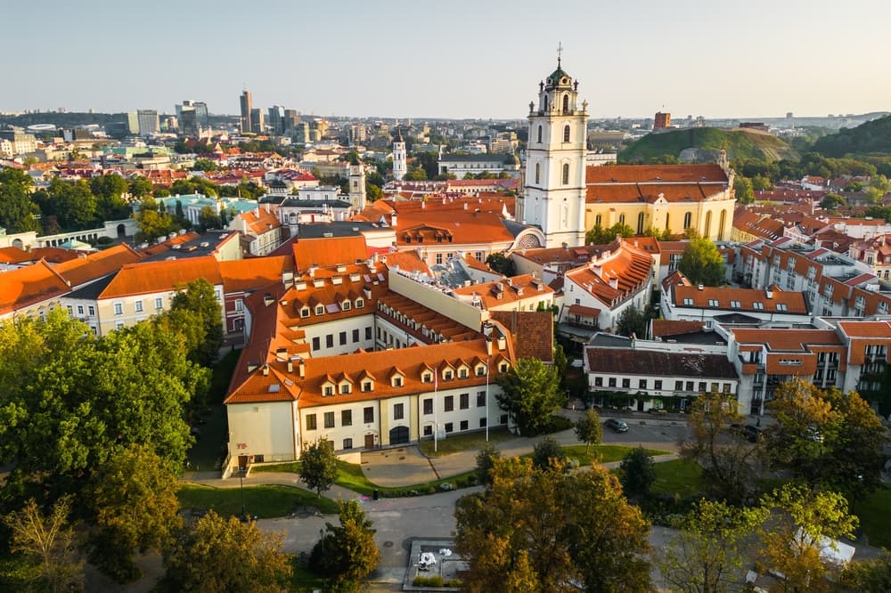 Aerial view of city white buildings and red roofs, Vilnius